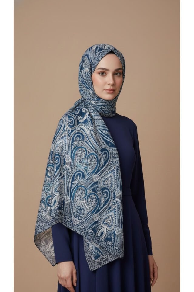 Tasarım İpek Şal Lacivert